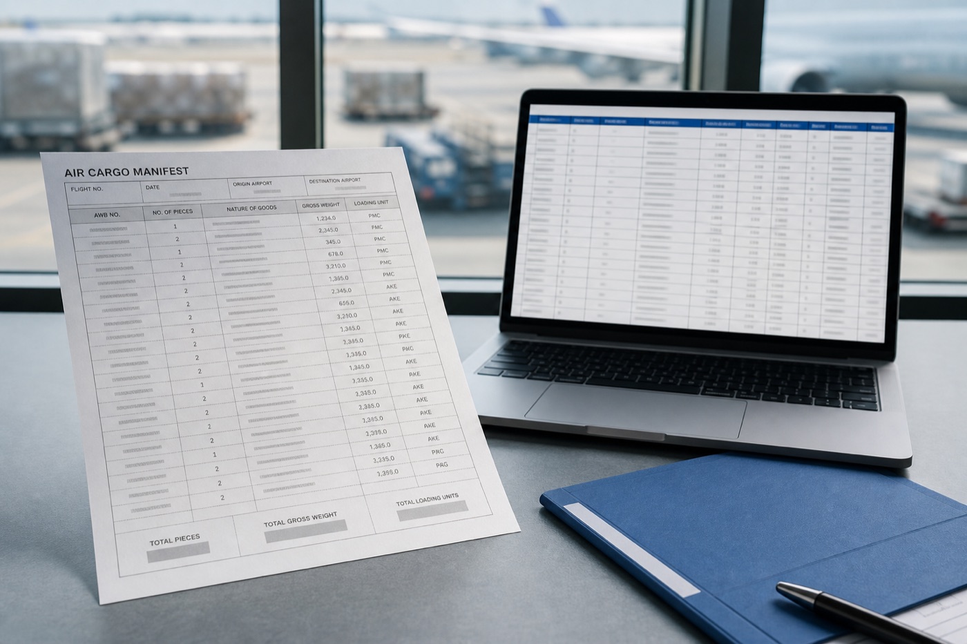 Synthetic air cargo manifest beside an Excel extraction preview with flight and multiple AWB shipment rows