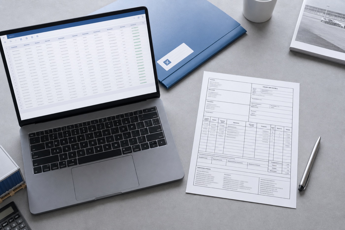 Synthetic house air waybill beside an Excel extraction preview with HAWB and linked MAWB fields