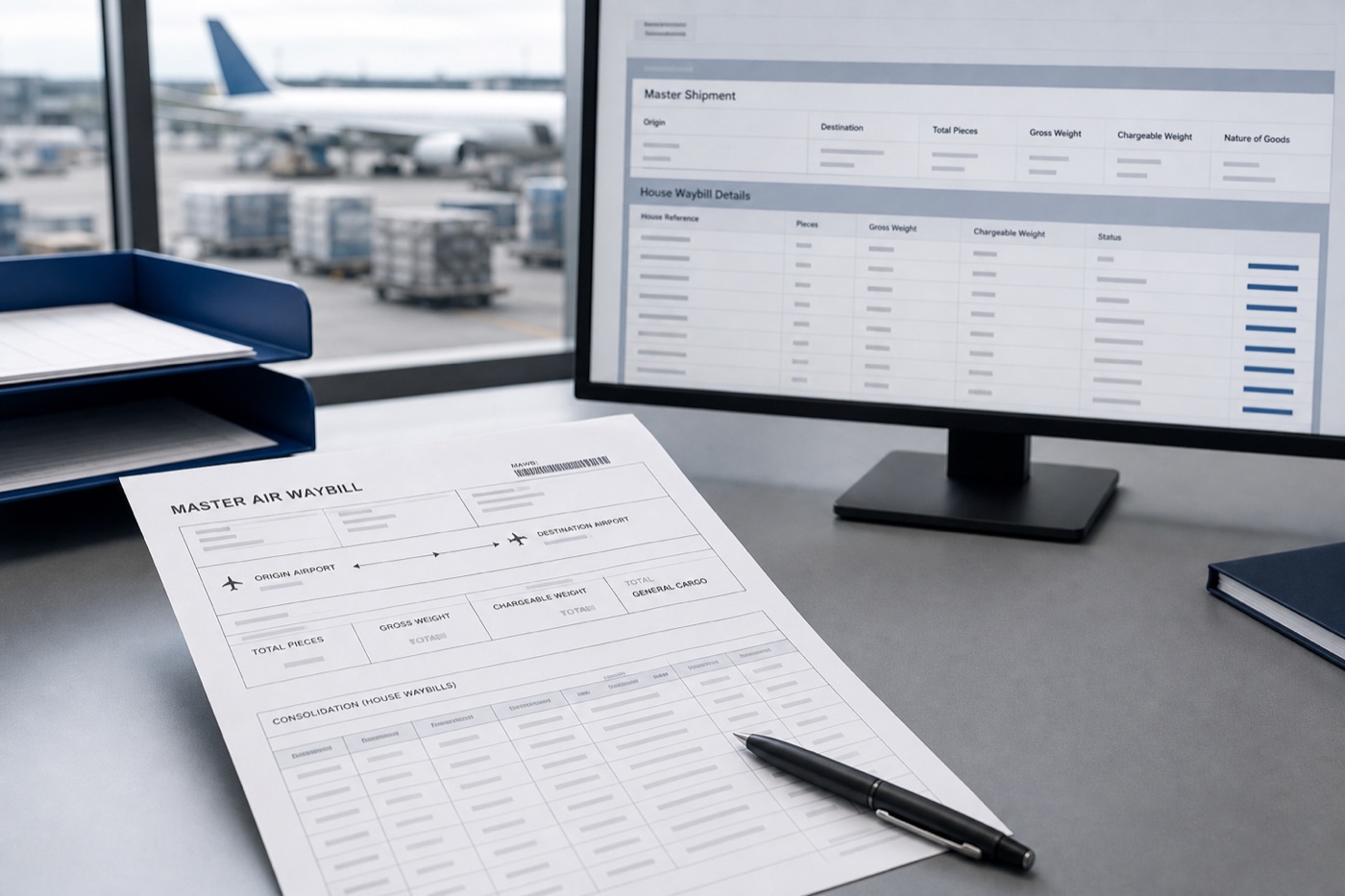 Synthetic master air waybill beside an Excel extraction preview with carrier routing and consolidated shipment fields