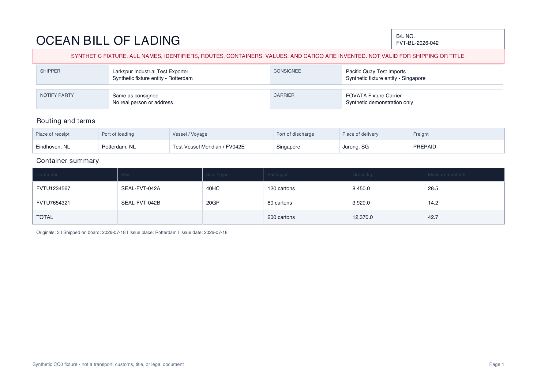 Page one of a synthetic multi-container bill of lading