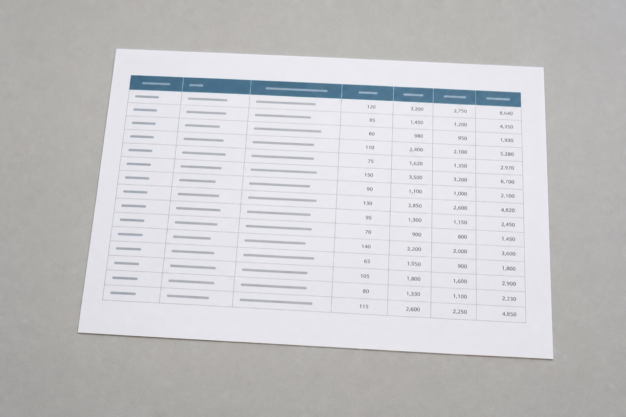 Synthetic photograph of a complete table document on a desk