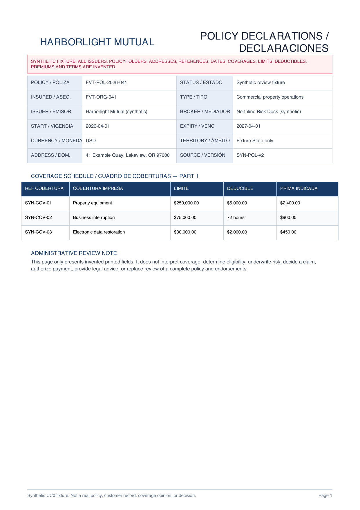 Synthetic insurance policy declarations with identifiers, dates and a coverage schedule