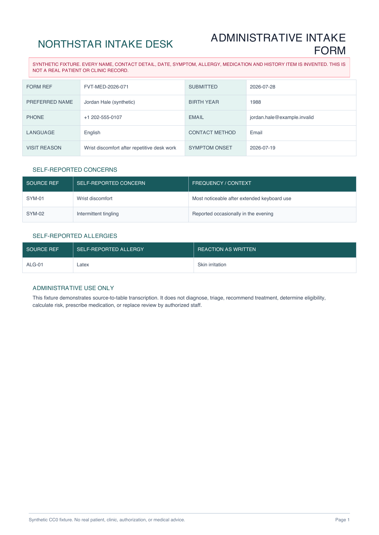 Synthetic medical intake form with administrative fields, reported concerns and allergies