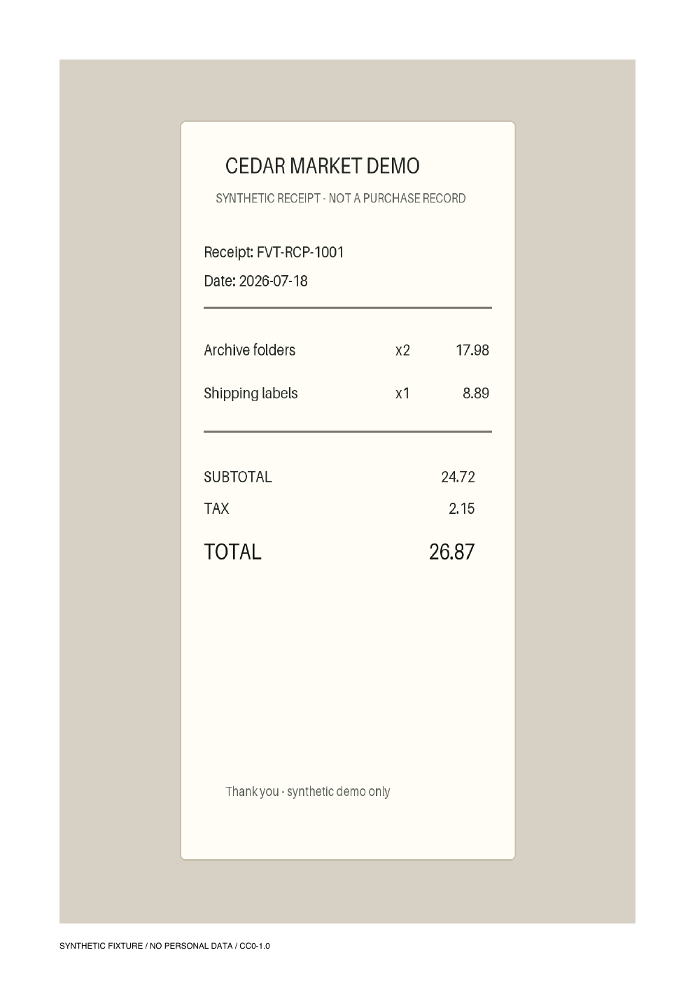 Synthetic retail receipt with merchant, date, line items, tax and total