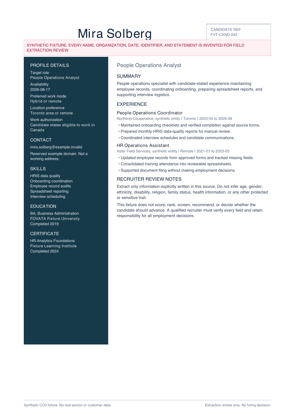 A synthetic two-column resume with profile details and two experience entries